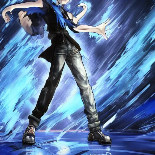 Image similar to a blue haired boy in a dynamic pose. standing in the rain character design. gesture drawing. line of action. official art, concept art. tetsuya nomura. final fantasy. shigenori soejima medium shot. ray tracing hdr. 8 k. uhd. sharp focus. symmetrical. coherent highly detailed. masterpiece. cinematic lighting..