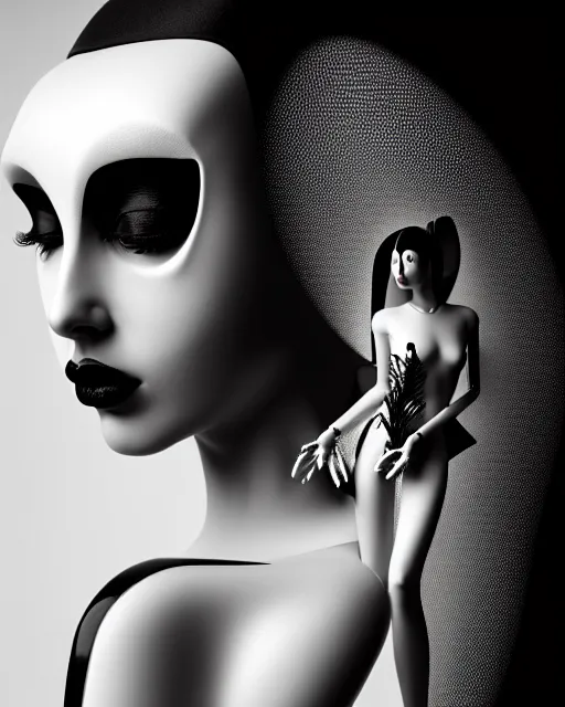 Image similar to surreal mythical dreamy dark artistic black and white fine art 3 / 4 fashion portrait photo of a young beautiful delicate female robot with orchid - owl face, rim light, cinematic, studio dramatic light, poetic, masterpiece, octane render, 8 k, photo - realistic by hg giger and man ray