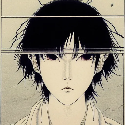 Image similar to prompt: Fragile looking soft light portrait face drawn by Takato Yamamoto and Katsuhiro Otomo, inspired by Ghost in Shell anime, magical and alchemical objects on the side, soft light, monochrome background, intricate detail, intricate ink painting detail, sharp high detail, manga and anime 2000