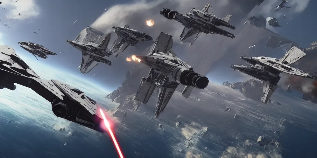 Prompt: screenshot of xwings, on sullust, ea star wars battlefront 2015, space ship battle