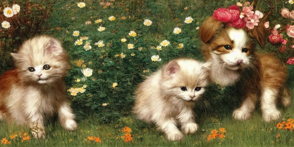 Prompt: 3 d precious moments plush puppy and kitten with realistic fur and gold, white, pastel blue, deep greencolor scheme, field of flowers, petals falling, master painter and art style of john william waterhouse and caspar david friedrich and philipp otto runge