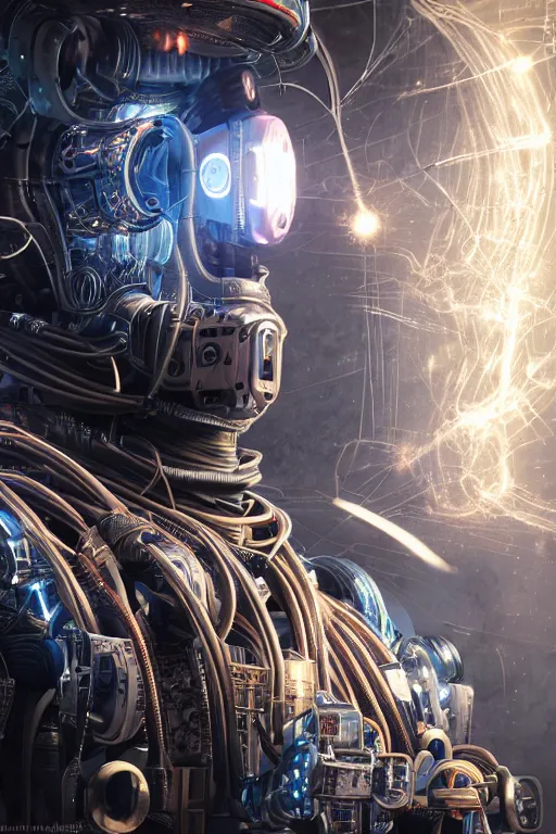 Prompt: a portrait of a extremely intricately detailed beautiful robot lots of cables and lights and connections, highly detailed perfect render, realism. concept art. unreal engine 5, f / 1. 8, v - ray, ultra hd, 8 k, atmospheric beautiful background and beautiful lighting. iron forge background lots of sparks and fire. hyper realism.