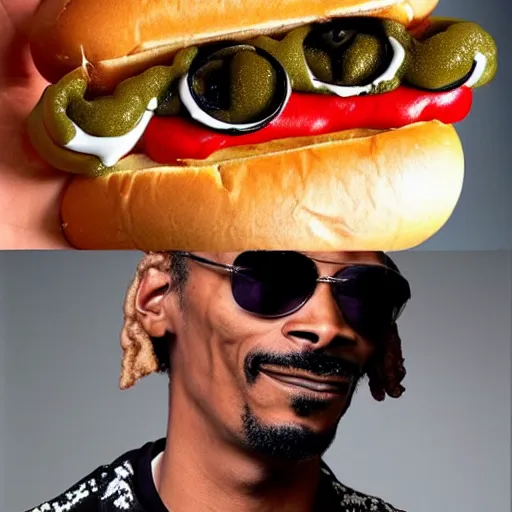 Image similar to a hotdog mixed with the face of snoop dogg