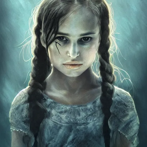 Prompt: crying little girl on the mountain of skull, sadness, natalie portman, pigtails hairstyle, dark fantasy, backlit, detailed and intricate environment