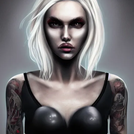 Image similar to Hot young woman, grey skinned, void eyeballs, white hair, tattoos, wearing leather jacket and wifebeater tank top, digital art, concept art, 4k,