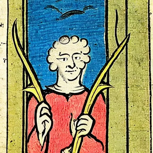 Image similar to a 1 8 th century illustration manuscript illustration of a medieval peasant holding a large blue trident above his head.