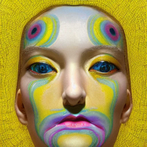 Prompt: elaborate pastel yellow, cloisonne by jean restout the younger. a photograph of a human head seen from multiple perspectives at once, as if it is being turned inside out. every angle & curve of the head is explored & emphasized, creating an optical illusion.