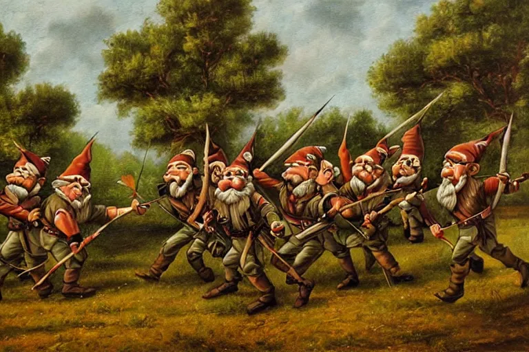 Image similar to an army of gnomes sending an arrow volley at a tree. canvis oil painting