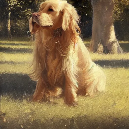 Prompt: oil painting of a young man with long hair blond and a beard hippie style painting on a golden retriever, people watching around, by greg rutkowski, artstation