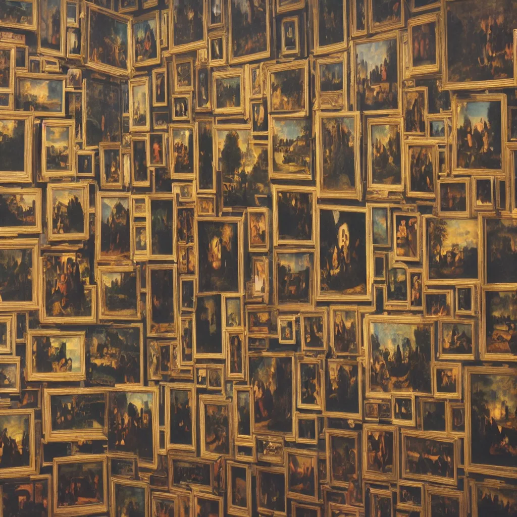 Image similar to a wall at an exhibition that has six of the world's most famous paintings