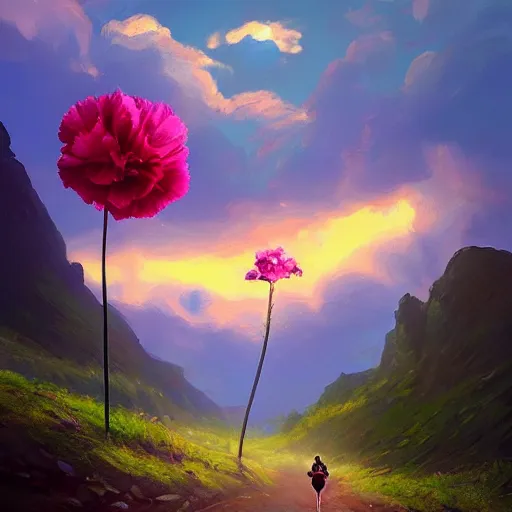 Image similar to giant carnation flower as a head, girl hiking in a canyon, surreal photography, sunrise, dramatic light, impressionist painting, colorful clouds, digital painting, artstation, simon stalenhag