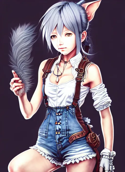 Image similar to a portrait of catgirl wearing white vest, and denim shorts an ultrafine detailed painting, detailed painting, detailed eyes!!, final fantasy, octopath traveler