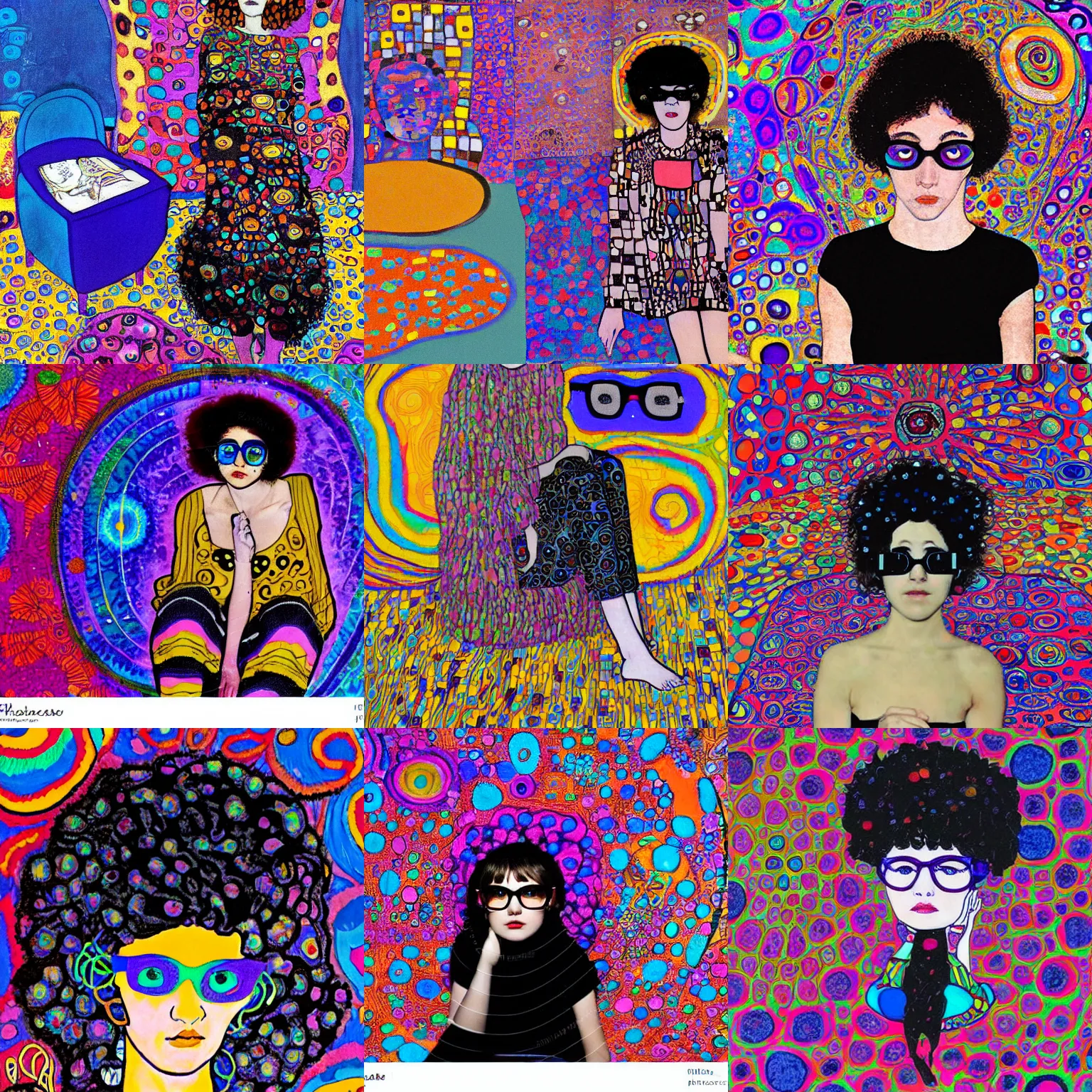 Prompt: klimt style teenage black short shaggy hair and big blue frame glasses girl, dressed in black, sitting over a colorful and bright trippy victor moscoso floor . lsd colorful bedroom, diary on her hand