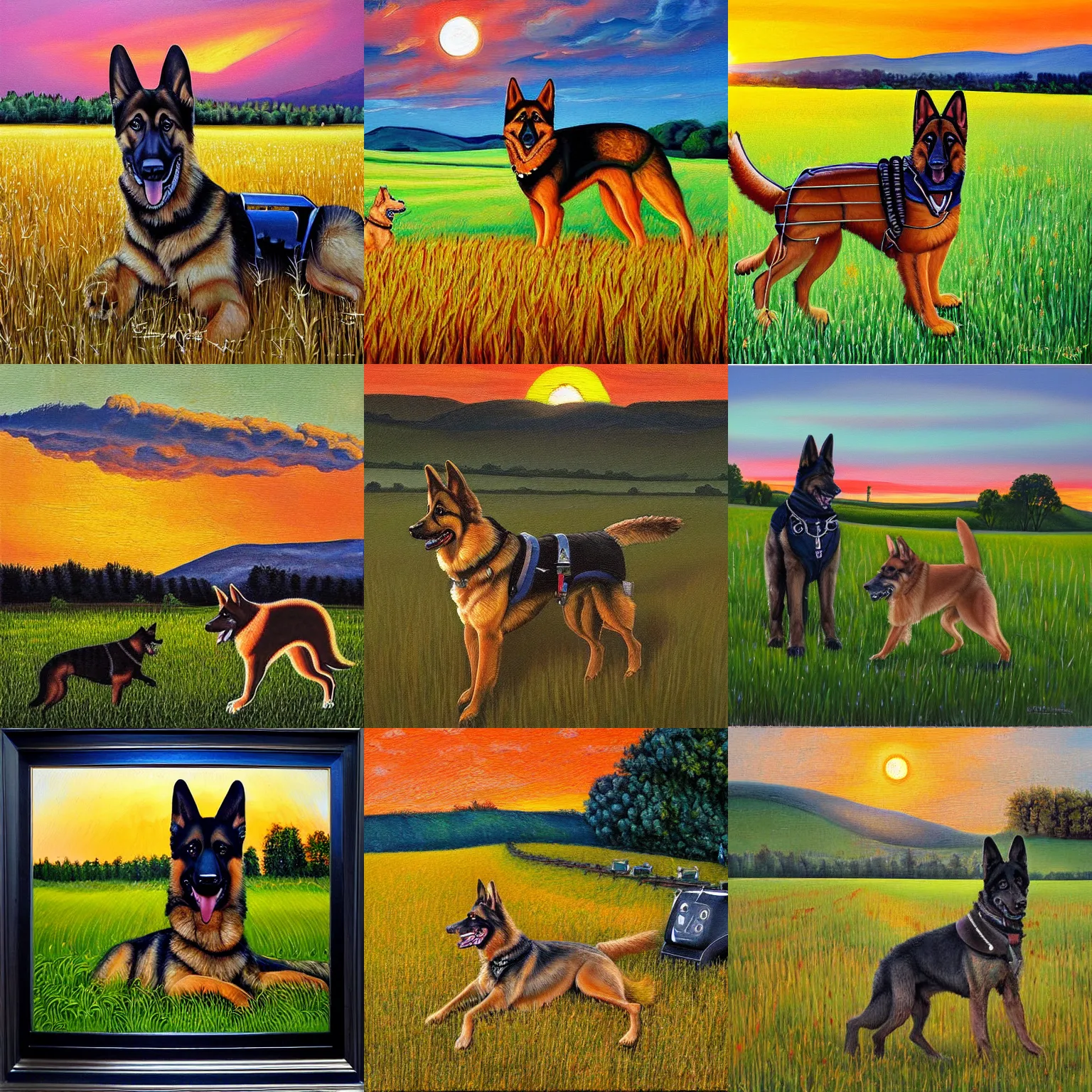 Prompt: detailed impresionist painting depicting a german shepherd dog and a robotic rover in a field at sunset, impasto,
