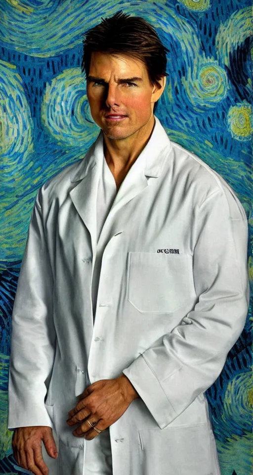 Image similar to Tom Cruise in white lab coat by Van Gogh