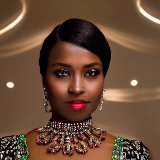 Image similar to close shot portrait of a lavish woman of society, wearing embellished jewelry and attire with woven flourishes, learned gaze in the eyes, bokeh, light from top right, diverse textures