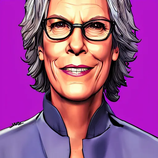 Image similar to jamie lee curtis portrait, borderlands, tales from the borderlands, the wolf among us, comic, cinematic lighting, studio quality, 8 k