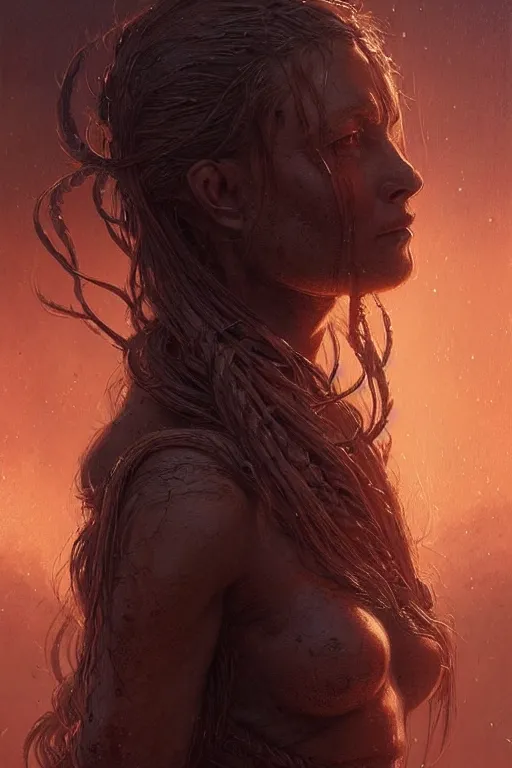 Prompt: concept art by greg rutkowski, a beautiful farmer with long brown braided hair designed by h. r. giger, scifi, detailed and intricate environment, reddish lighting, book cover, highly detailed portrait, digital painting, artstation, concept art, smooth, sharp focus illustration, artstation hq.