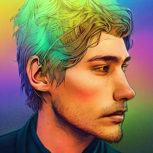 Prompt: the head of a sophisticated, elegant, handsome man partially made of rainbows, an ultrafine detailed illustration by james jean, final fantasy, intricate linework, bright colors, behance contest winner, vanitas, angular, altermodern, unreal engine 5 highly rendered, global illumination, radiant light, detailed and intricate environment