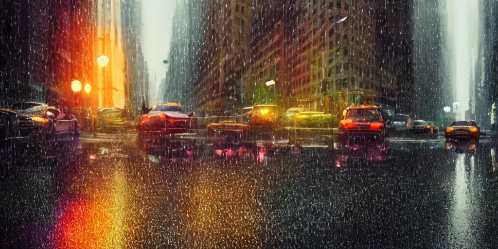 Prompt: a ultra photorealistic film still trough a raincovered window on a rainy but colourful day in new york. sparkling lights, wide shot, frog perspective, ultra sharp, wes anderson, studio ghibli, pixar and disney animation, octane render, anime key art by greg rutkowski, dramatic lighting, award winning photography