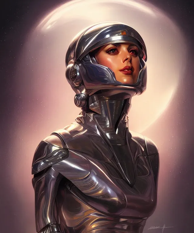 Image similar to futuristic woman in helmet portrait, sci-fi, amber eyes, face, long hair, fantasy, intricate, elegant, highly detailed, digital painting, artstation, concept art, smooth, sharp focus, illustration, art by artgerm and greg rutkowski and alphonse mucha