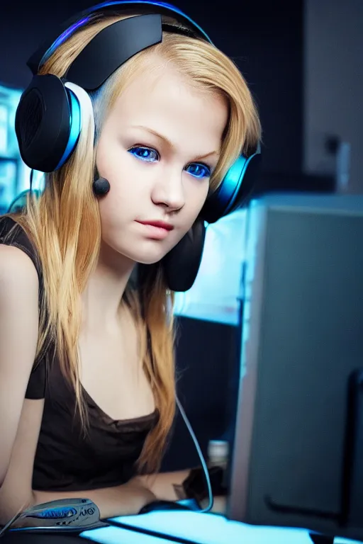 Prompt: gorgeous gamer girl with blonde hair and blue eyes playing on her computer, portrait shot of her face lit up by the monitor, wearing gaming headset, dark atmosphere, dynamic lighting