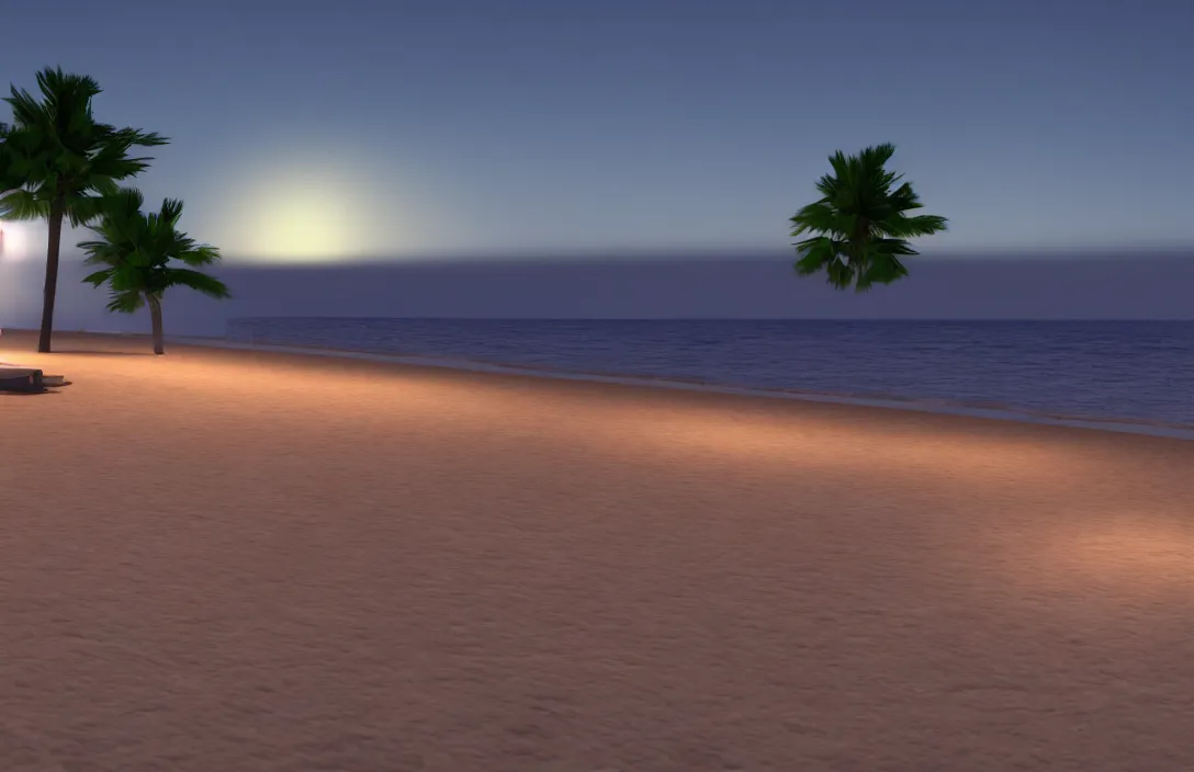 Prompt: on the beach by the sea, at night, unreal engine rendering, with light and shadow