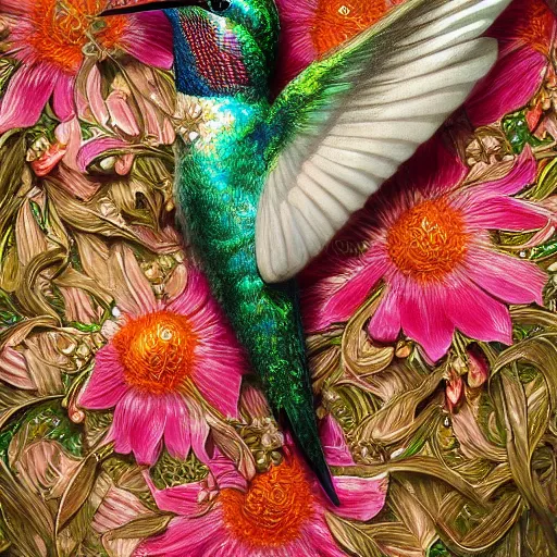 Image similar to hummingbird, background covered with fine floral ornaments, eye - level medium - angle shot, intricate, floral background, by esao andrews, by m. w. kaluta, by yoshita amano, romantic, intricate, natural lighting, smooth, fine art, 3 d octane render, depth perception, 4 k,, artstation