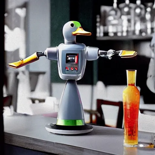 Image similar to A duck shaped robot is serving drinks in a bar in the 50's