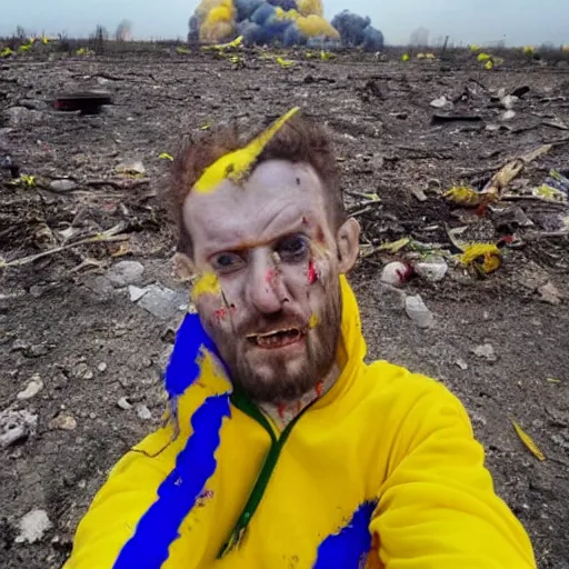 Image similar to last selfie of frightened funny damaged to bones ukrainian bleeding in dirty yellow and blue rags, nuclear rocket explosion at background