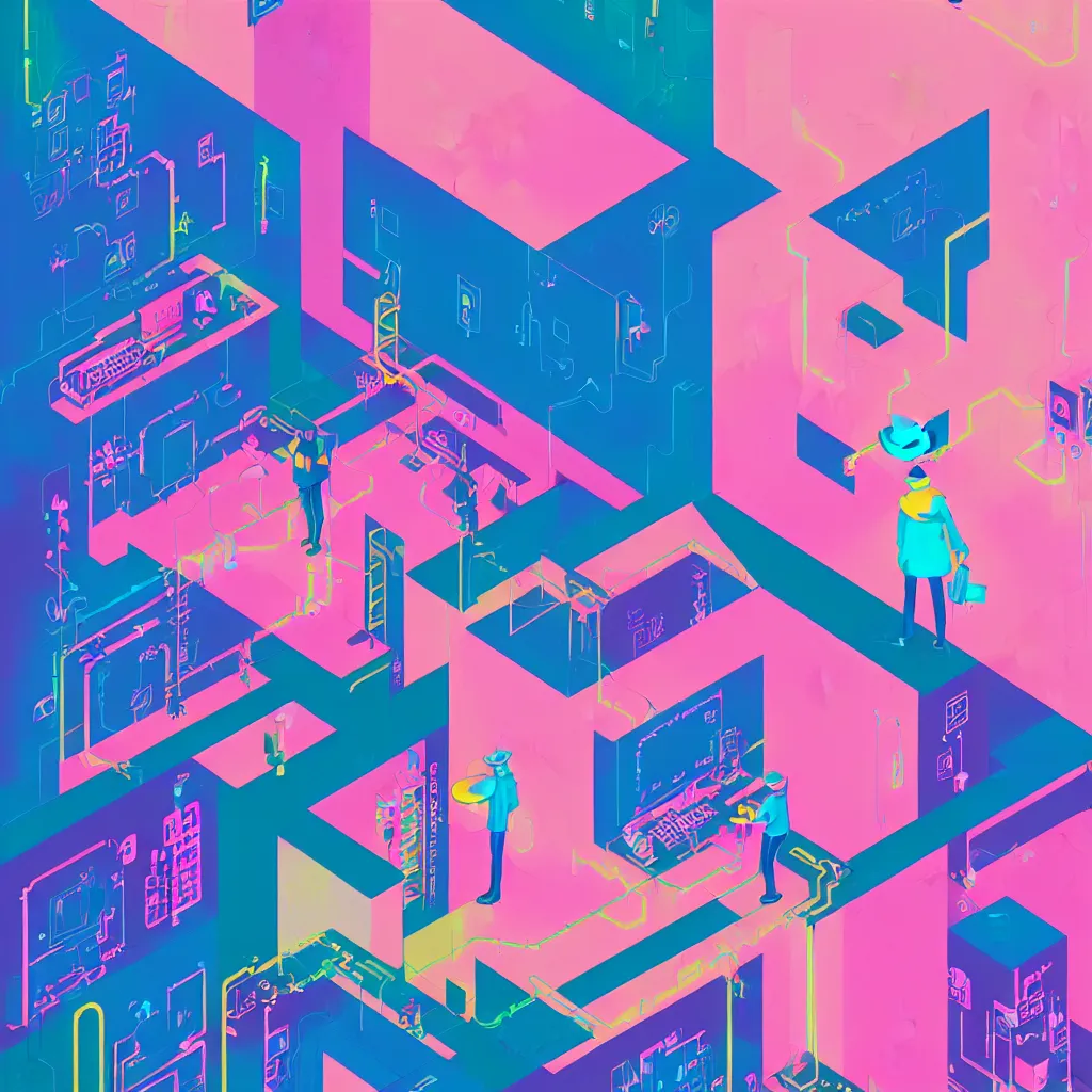 Image similar to illustration of a data-center architecture or schema, security agent with pink hat, datastream or river, painting by Jules Julien, Leslie David and Lisa Frank and Peter Mohrbacher and Alena Aenami and Dave LaChapelle muted colors with minimalism