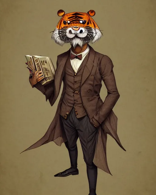 Prompt: anthropomorphic art of a detective tiger, victorian inspired clothing by artgerm, victo ngai, ryohei hase, artstation. fractal papersand books. highly detailed digital painting, smooth, global illumination, fantasy art by greg rutkowsky, karl spitzweg