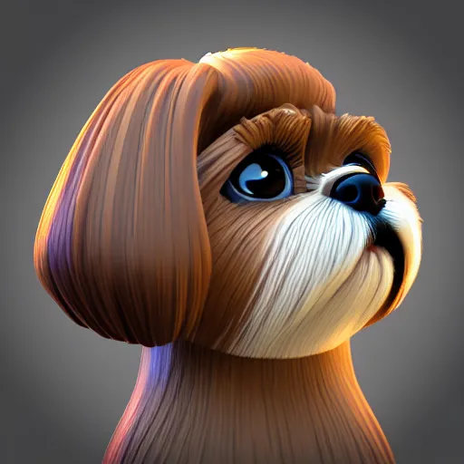 Image similar to shih tzu with dark brown fur, 3 d render, pixar, macro lens