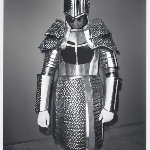 Image similar to a paladin wearing issey miyake armor in a club, portrait, fashion photography, by davide sorrenti, martin parr, nan goldin