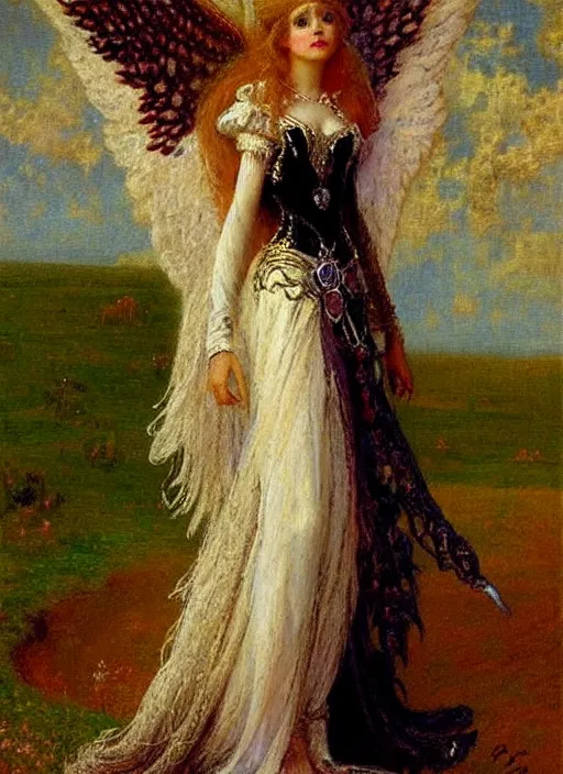 Image similar to vertical prtrait of an angel knight gothic girl, baroque dress. by gaston bussiere