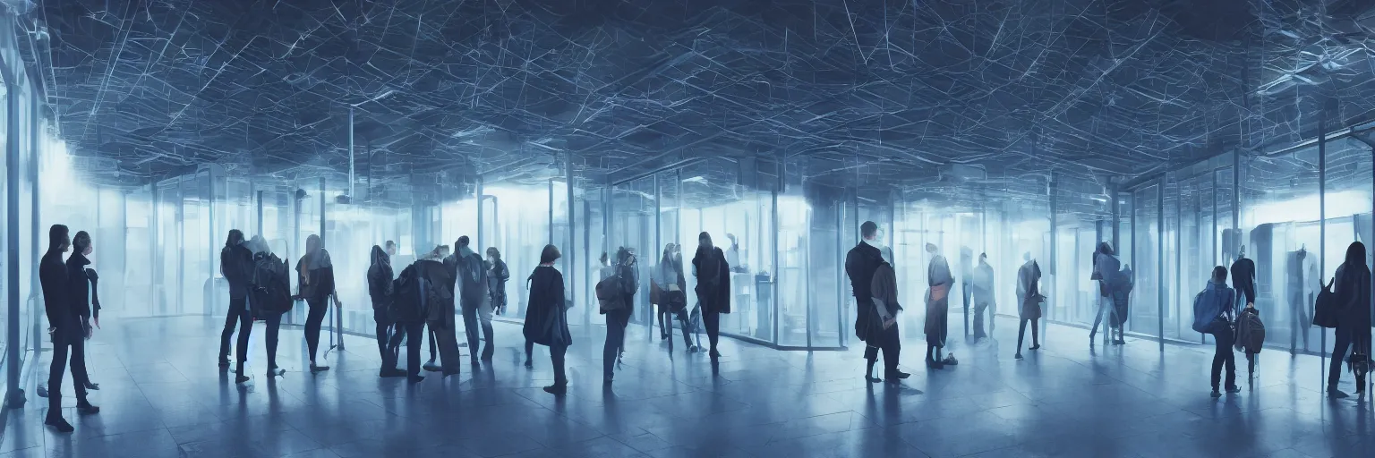 Prompt: some people waiting in bus stop in quiet dark city night, Inbetween worlds. Inside a Borg cube. Industrial labyrinth with an infinite staircase. Heigh ceiling. Fluorescent lighting. Mist. Color scheme dark blue. Gradient. Wide shot. Photoreal. Octane render. 4k. Artstation, concept art