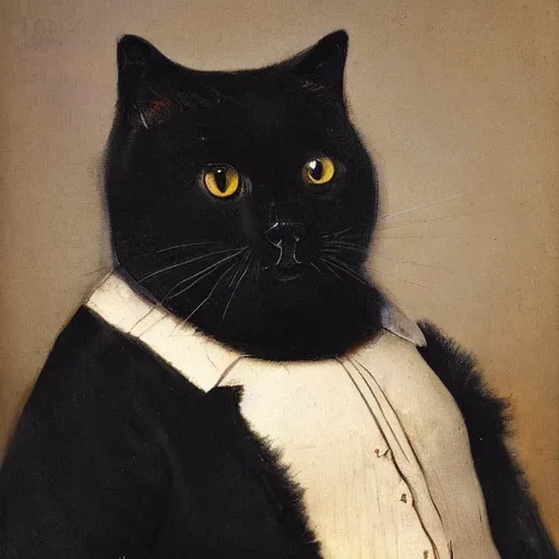 Prompt: portrait painting of a fat black cat wearing a military outfit by Rembrandt van Rijn