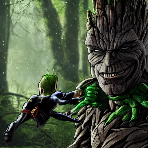 Image similar to batman meets groot in the woods digital art 4 k detailed super realistic