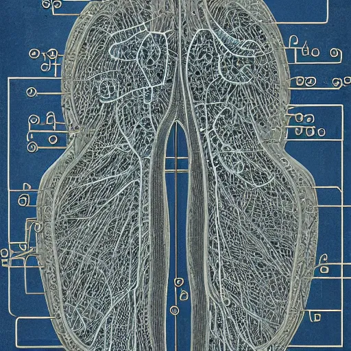 Image similar to liver anatomy, blue print, texture of electronic circuit, intricate details, da vinci