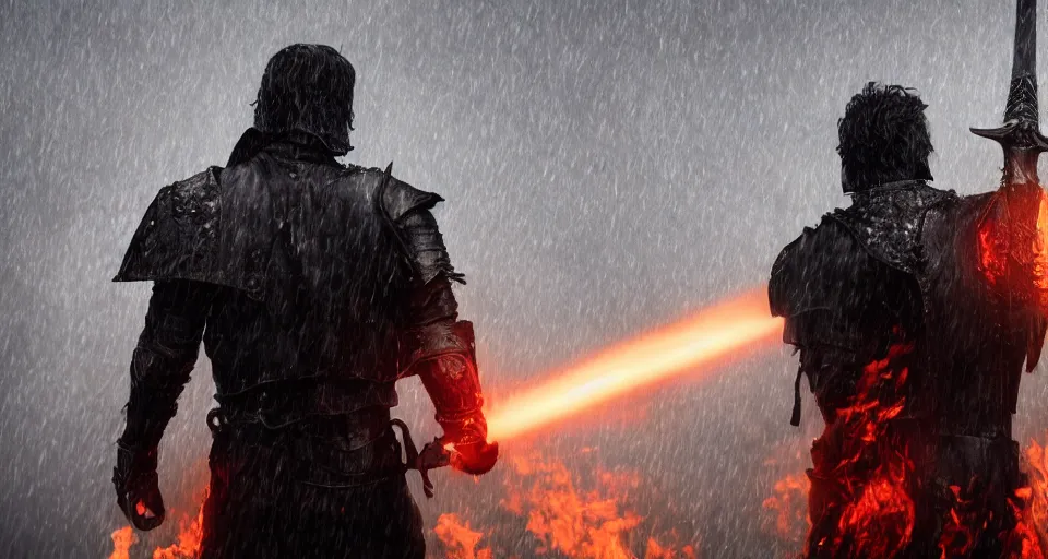 Image similar to The dark paladin with a heated sword in his hand and a burning flame with a sword in the rain. cinematic shot from back, realistic, 4K,