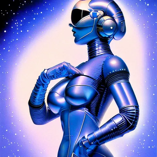 Image similar to futuristic space woman, blue sky art by peter lloyd, 1 9 8 0's art, airbrush style, art by hajime sorayama,, intricate, elegant, sharp focus, illustration, highly detailed, concept art, matte, sharp focus, illustration, highly detailed, 6 4 0