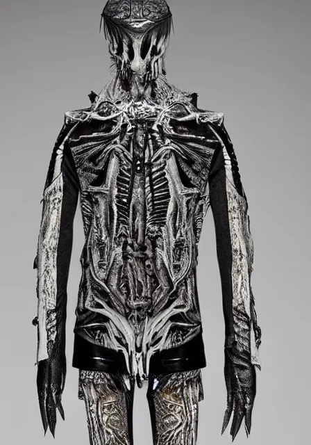 Image similar to designer jacket inspired by h. r. giger designed by alexander mcqueen