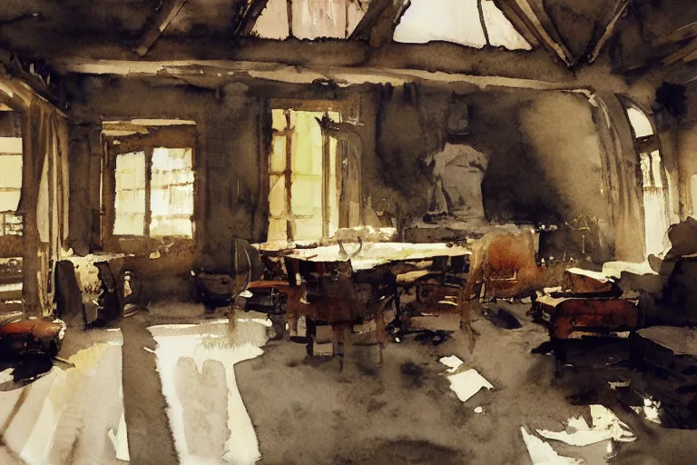 Prompt: abstract watercolor painting of hedonic scandinavian king house interior, in stone, straw roof, war lord, magical and traditional, crisp daylight, sharp shadows, cinematic light, national romanticism by anders zorn, by greg rutkowski, by greg manchess