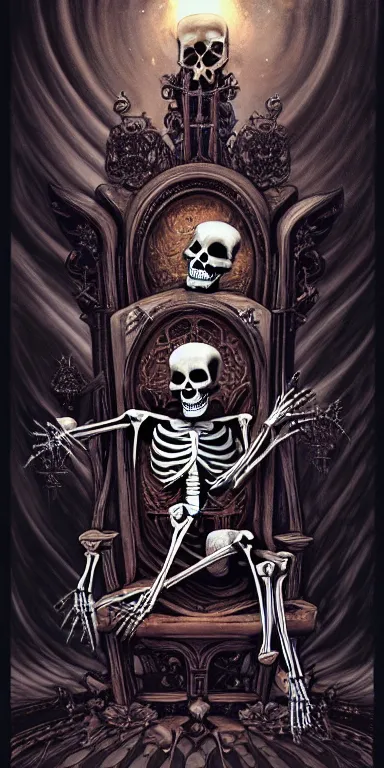 Prompt: a painting of a skeleton sitting on a throne, poster art by James Jean, Joe Fenton, Lise Deharme, Anne Stokes, Brian Despain, Petros Afshar behance contest winner, gothic art, tarot card, apocalypse art, behance hd, macabre poster art,