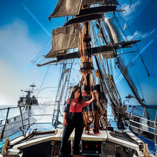 Prompt: interview with a female captain of the spanish pirates frigate, photo portrait, symmetry, awesome exposition, very detailed, highly accurate, professional lighting diffracted lightrays, 8 k, sense of awe