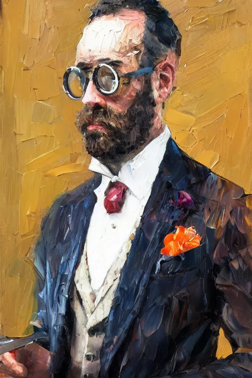 Image similar to palette knife oil painting portrait of graham, a fellow in a three - piece suit and monocle, peering over from his heavy, lacquered oak reception desk, extreme detail, artstation trending, artgerm, any racial background, deviant art, octane, substance, art history 8 k