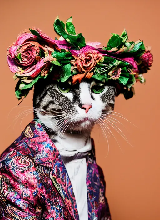 Prompt: 3 5 mm macro photography of a cat wearing a floral headdress and paisley suit