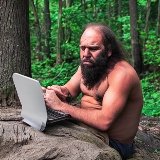 Image similar to caveman using a computer, award - winning photo