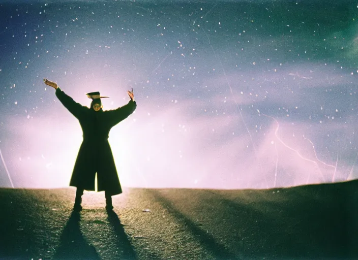 Image similar to a very good looking and dramatic sorcerer holds out their hand from which a blast of bright magic flies, on an empty moonlit hill, dramatic lighting, lens flare, 3 5 mm full frame professional photography, kodachrome