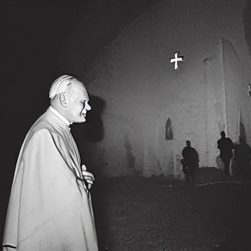 Image similar to award - winning photograph of john paul ii standing in the entrance to a small burning church building, at night, pitch black, christian cross